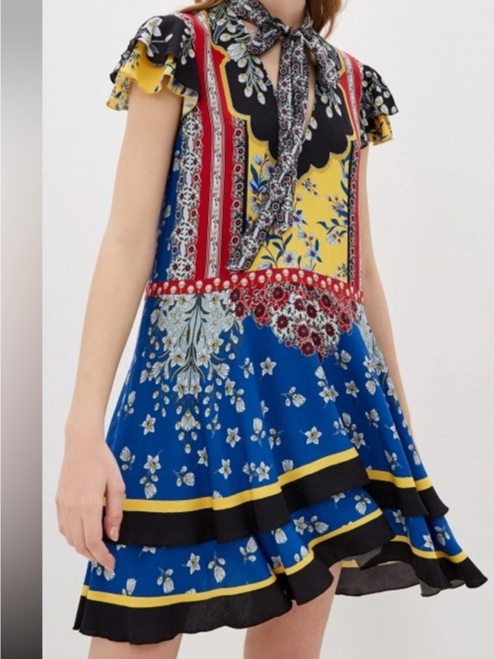 Alice + Olivia Palace Daffodil Floral Tie-Neck Ruffle Mini Dress